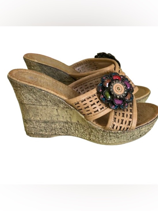 Spring Step Shoes - Patrizia Spring Step Tan Floral Jewel Accent Slide Platform Wedge Sandal 38/7.5